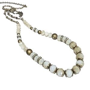 Artisan look beaded necklace milky white opalescent faceted beads & gold spacers